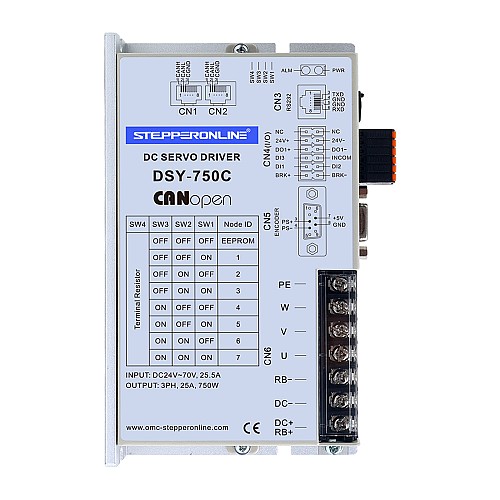 DSYシリーズ 750W CANopen DCサーボモーター 24-70VDC 2.39Nm ブレーキ付き 3000rpm 17ビットインクリメンタルエンコーダー IP65 - DSY-C750L2B2-M17S | StepperOnline