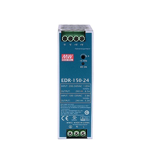 EDR-150-24 MEANWELL 150W 24VDC 5.2A 115VAC/6.5A 230VAC シングル出力 産業用 DIN レール