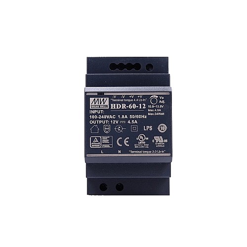 HDR-60-12 MEANWELL 54W 12VDC 4.5A 115/230VAC ウルトラスリム ステップ形状 DINレール電源