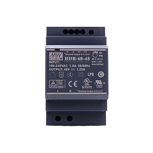 HDR-60-48 MEANWELL 60W 48VDC 1.25A 115/230VAC ウルトラスリムステップ形状 DINレール電源