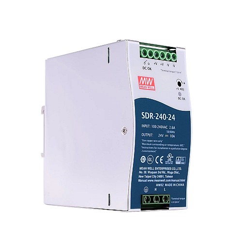 SDR-240-24 MEANWELL 240W 24VDC 10A 115/230VAC PFC 機能付き DIN レール電源 SDR-240-24 MEANWELL 240W 24VDC 10A 115/230VAC PFC 機能付き DIN レール電源