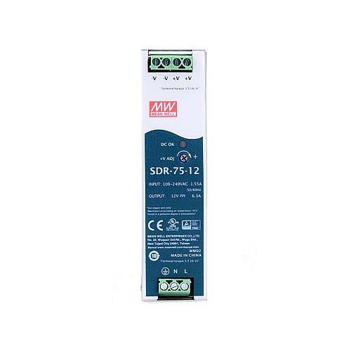 SDR-75-12 MEANWELL 75.6W 12VDC 6.3A 115/230VAC DINレール電源