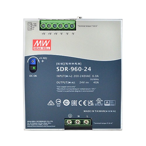 SDR-960-24 MEANWELL 960W 24VDC 40A 230VAC PFC 機能付き DIN レール電源