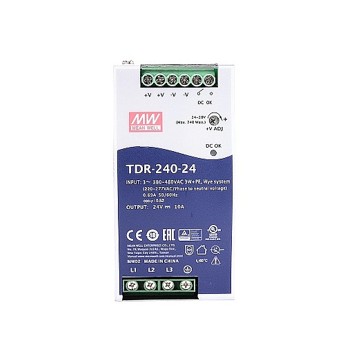 TDR-240-24 MEANWELL 240W 24VDC 10A 400/500VAC スリムな三相産業用 DIN レール、PFC 機能付き