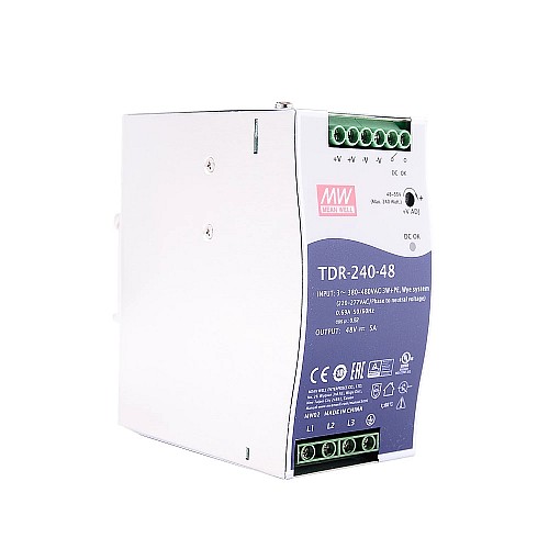 TDR-240-48 MEANWELL 240W 48VDC 5A 400/500VAC スリムな三相産業用 DIN レール、PFC 機能付き