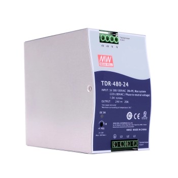 TDR-480-24 MEANWELL 480W 24VDC 20A 400/500VAC スリムな三相産業用 DIN レール、PFC 機能付き