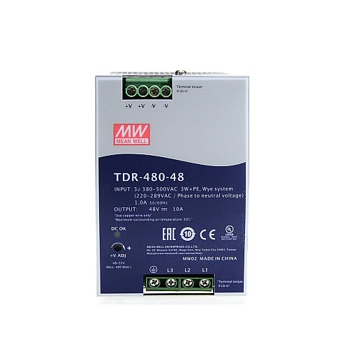 TDR-480-48 MEANWELL 480W 48VDC 10A 400/500VAC スリムな三相産業用 DIN レール、PFC 機能付き