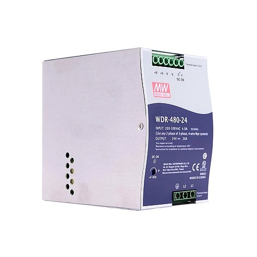 WDR-480-24 MEANWELL 480W 24VDC 20A 230/400VAC 超ワイド入力産業用 DIN レール電源